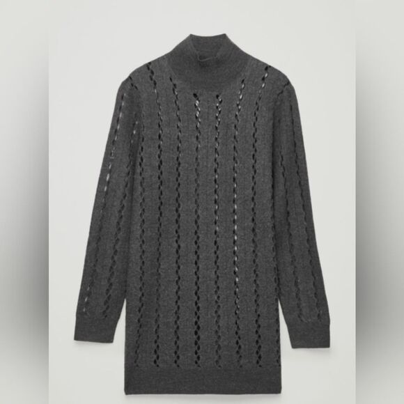 COS Cut-Out gray turtleneck Boiled Wool Tunic sweater crochet ribbed size S cozy - Picture 4 of 12
